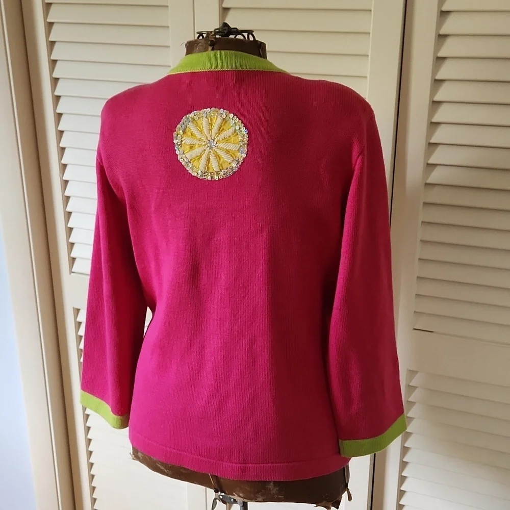 Jack B. Quick VTG 90s Beaded Sequin Cardigan Size M Pink Lime and Orange Holiday - Picture 7 of 10
